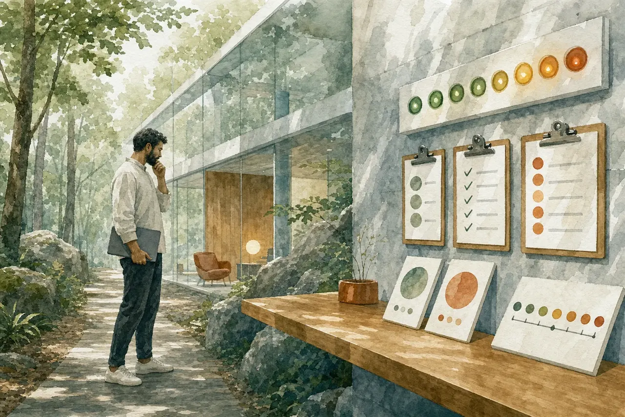 Warm watercolor illustration of a person reviewing clipboards of scores and comparison cards in a bright glass-walled room