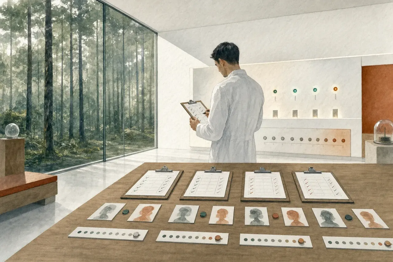 Warm watercolor illustration of a person reviewing clipboards of scores and comparison cards in a bright glass-walled room