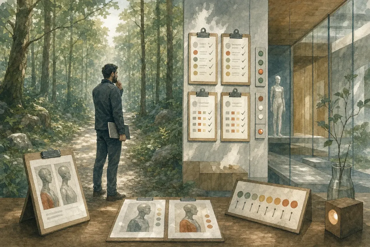 Warm watercolor illustration of a person reviewing clipboards of scores and comparison cards in a bright glass-walled room