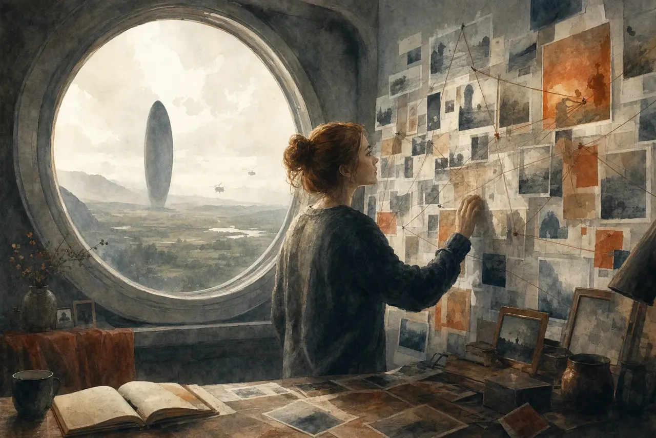 Warm watercolor illustration of a person studying a wall of pinned notes and photographs, making connections