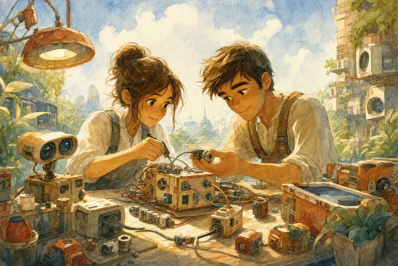 Warm watercolor illustration of a small robot at a switchboard plugging one cable into a wall of thousands of tiny labeled cloud-service sockets