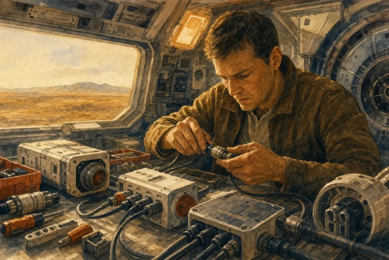 Warm watercolor illustration of a person reviewing clipboards of scores and comparison cards in a bright glass-walled room