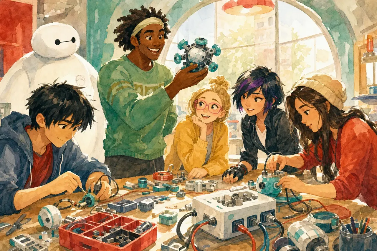 Warm watercolor illustration of a person connecting modular components and cables at a warm sunlit workbench