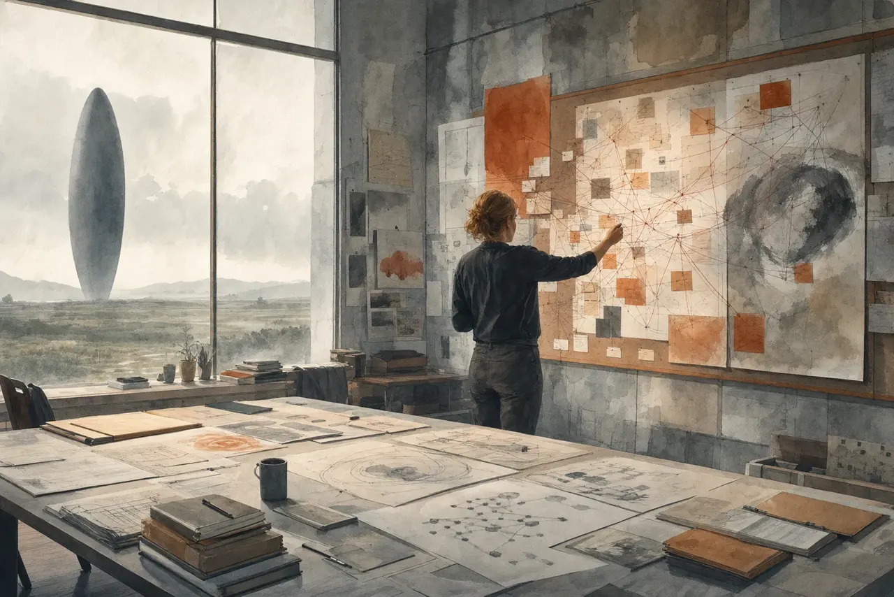 Warm watercolor illustration of three stacked layers — tools, cooperating agents, and a browser window — joined by flowing connection lines
