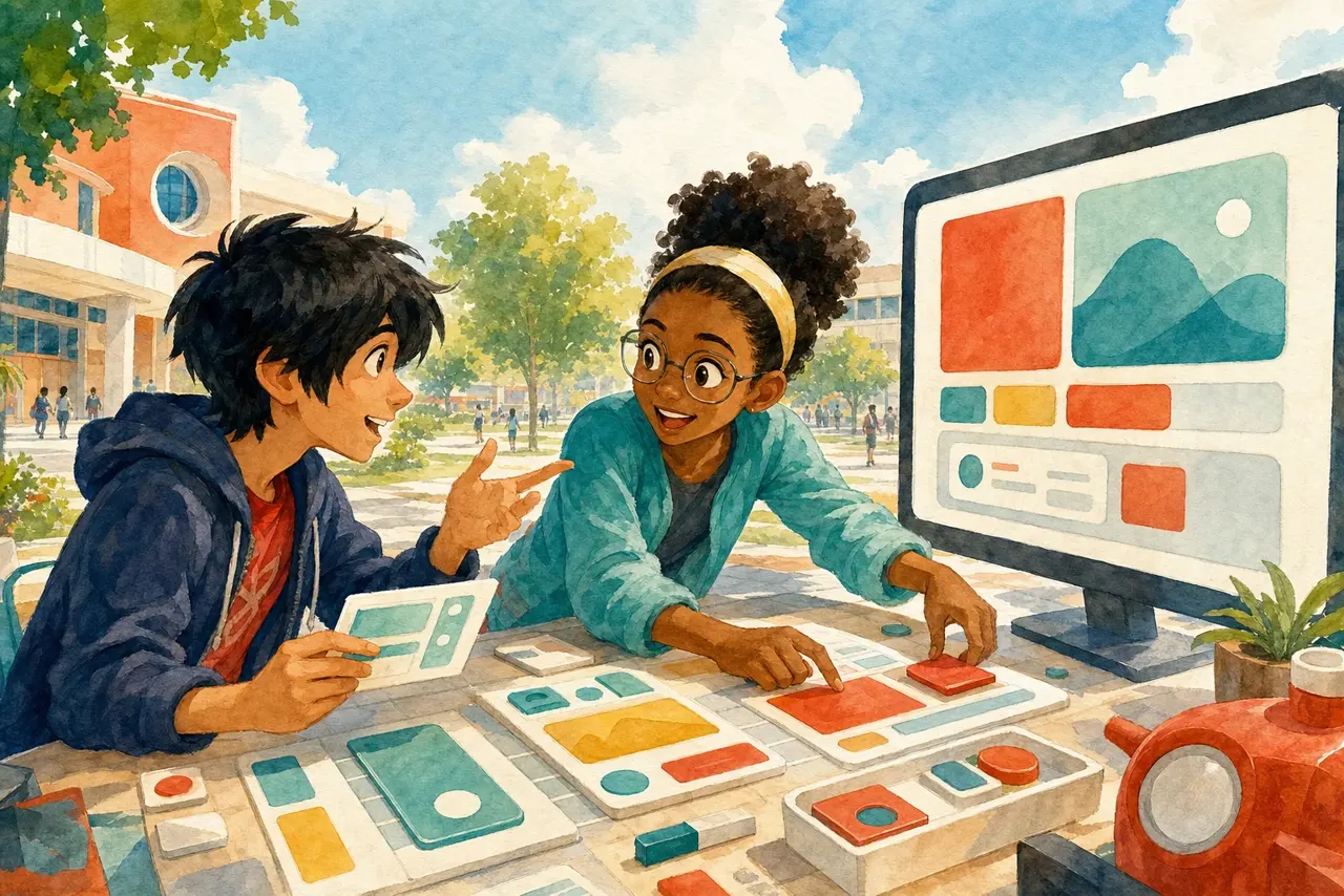 Warm watercolor illustration of a chat window blooming open like a pop-up book to reveal a small interactive calendar card with a hand reaching in to tap a slot