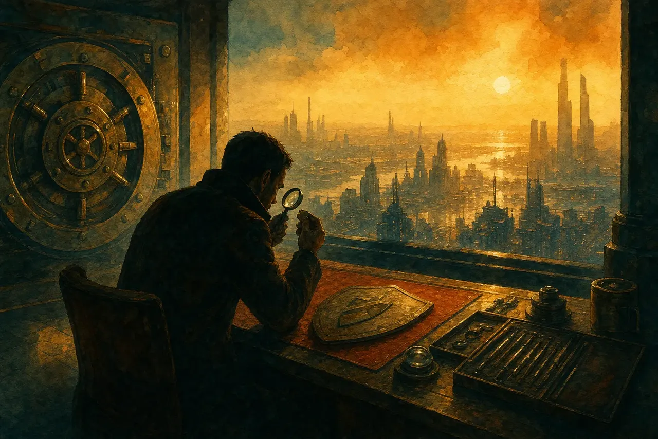 Warm watercolor illustration of a person examining lock mechanisms and inspection tools under warm amber light