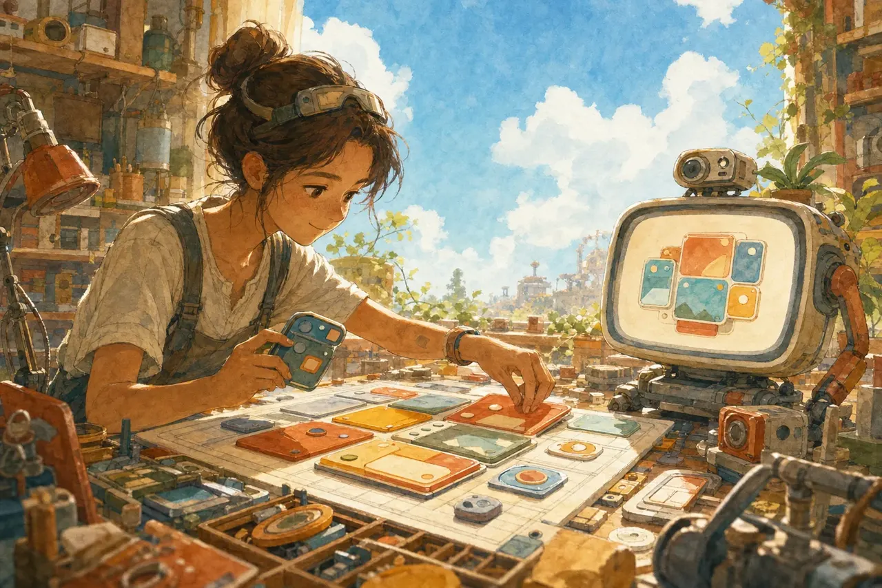Warm watercolor illustration of a person assembling colorful interface pieces like a puzzle