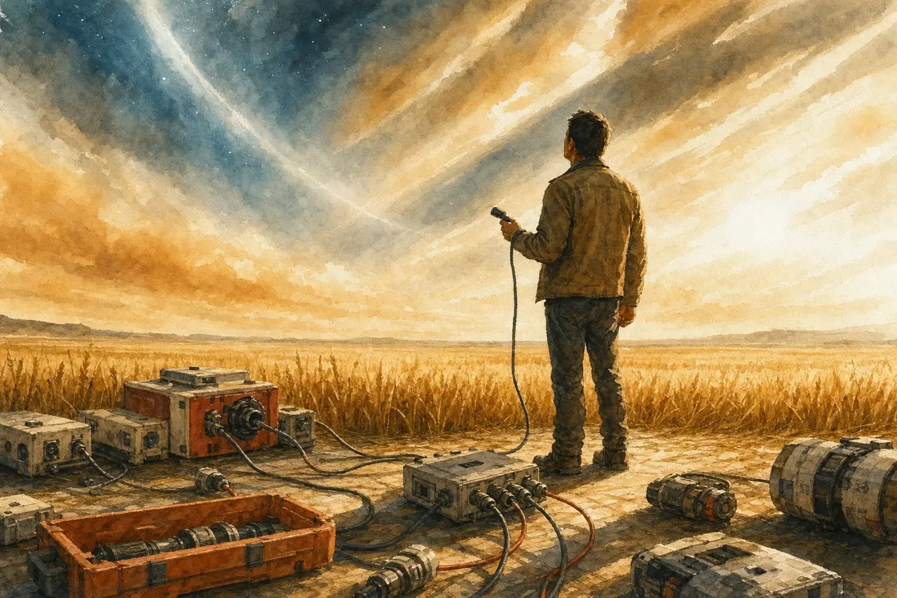 Warm watercolor illustration of a person connecting modular components and cables at a warm sunlit workbench