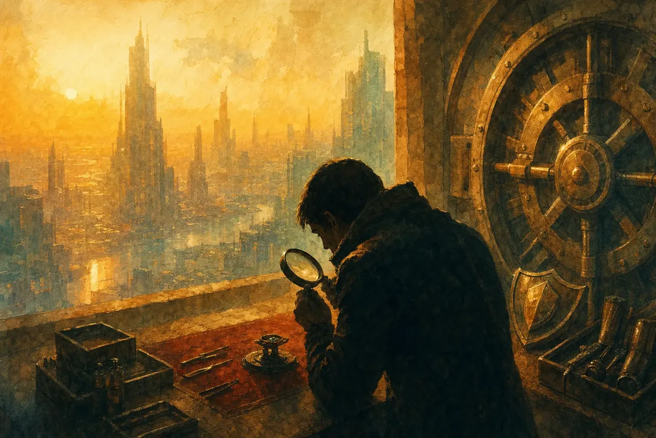 Warm watercolor illustration of a person examining lock mechanisms and inspection tools under warm amber light