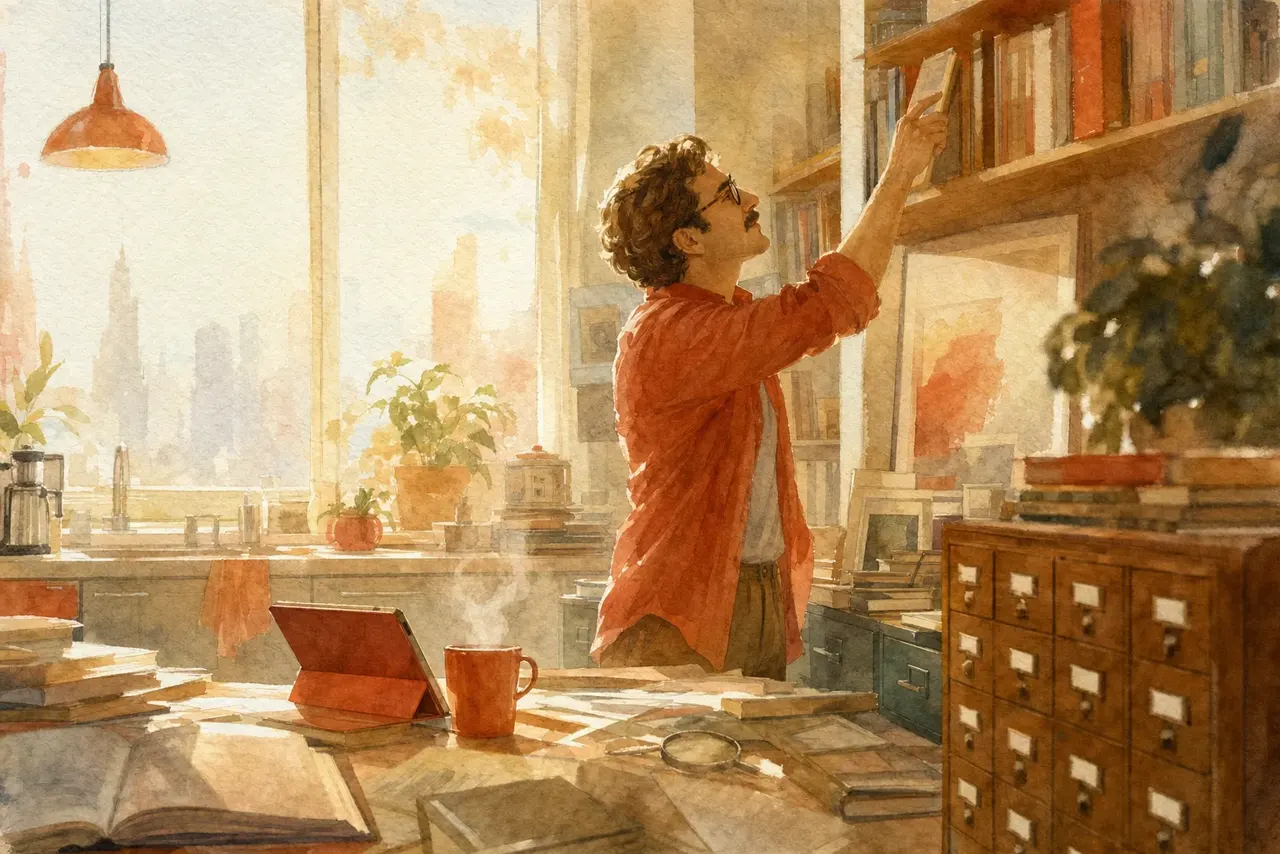 Warm watercolor illustration of a person discovering a book on a high shelf among card catalogs and filing cabinets