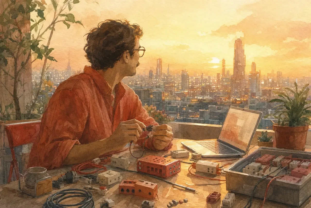 Warm watercolor illustration of an MCP client and server exchanging a request, a paused input form, and a re-submitted call in a loop