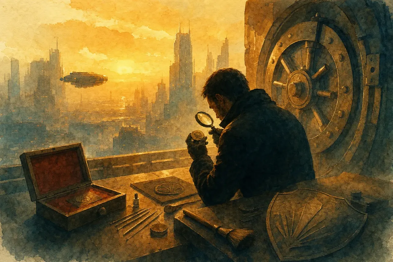 Warm watercolor illustration of a person examining lock mechanisms and inspection tools under warm amber light
