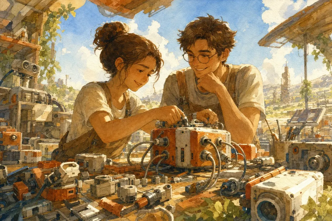 Warm watercolor illustration of a person connecting modular components and cables at a warm sunlit workbench