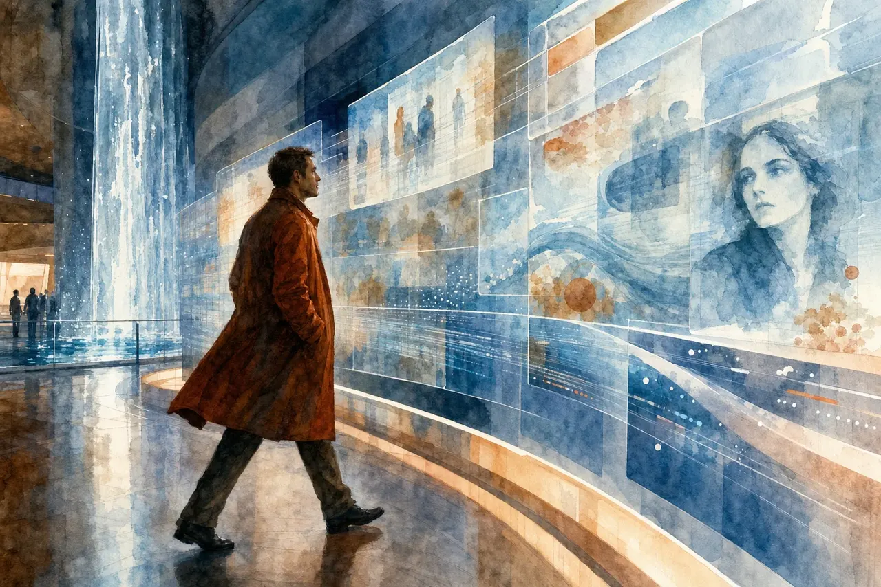 Warm watercolor illustration of a person watching flowing streams of light on a live display