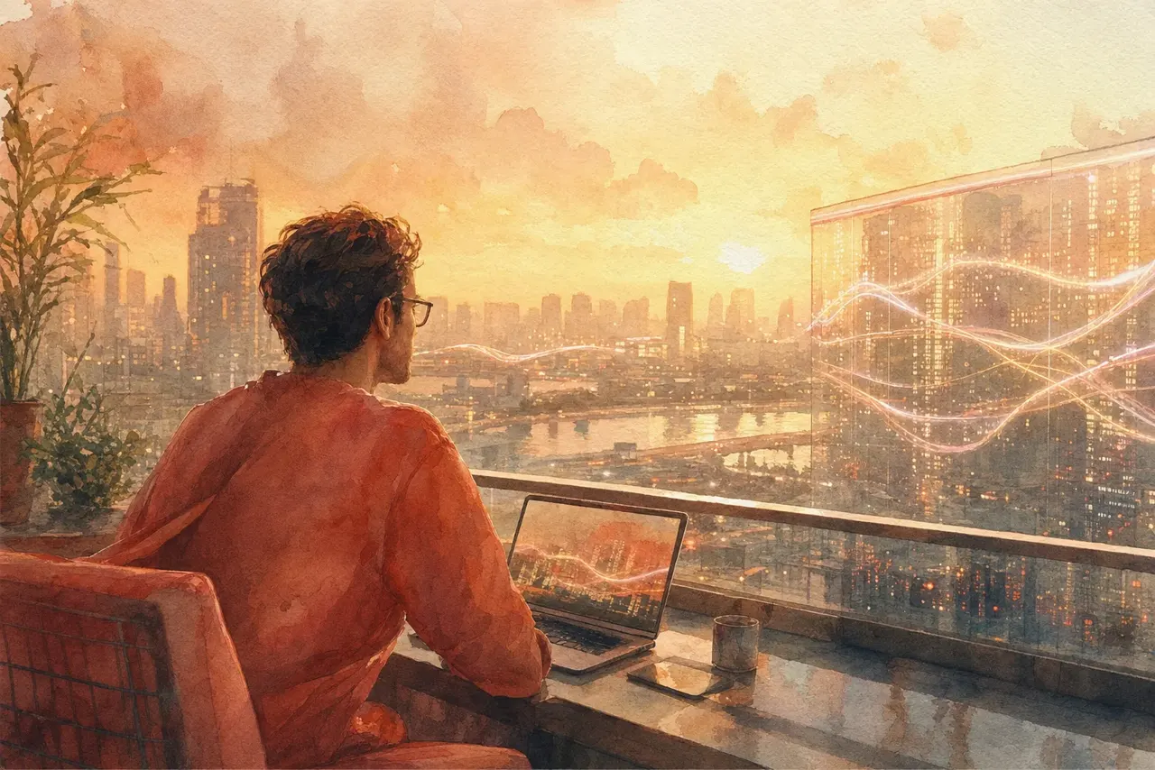 Warm watercolor illustration of a person watching flowing streams of light on a live display