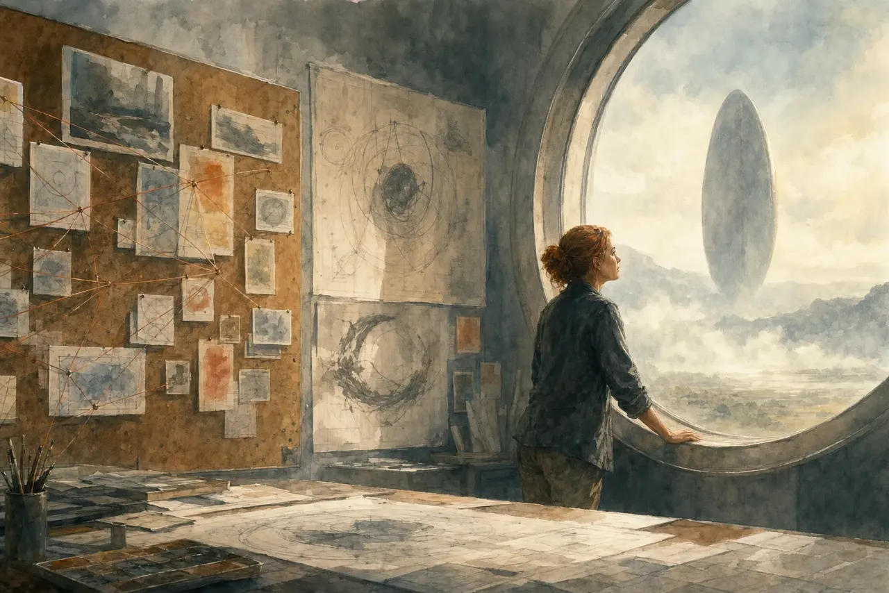 Warm watercolor illustration of one agent reaching down to a bench of tools while shaking hands sideways with another agent