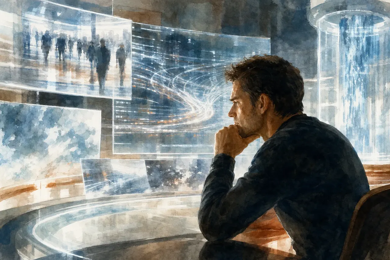 Warm watercolor illustration of webhook events flowing from external systems into an MCP server that wakes a waiting AI agent