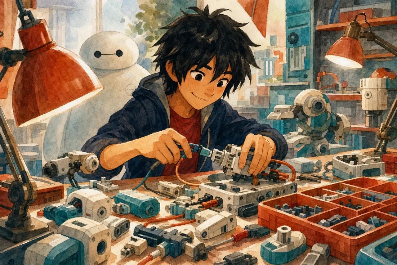 Warm watercolor illustration of a person connecting modular components and cables at a warm sunlit workbench